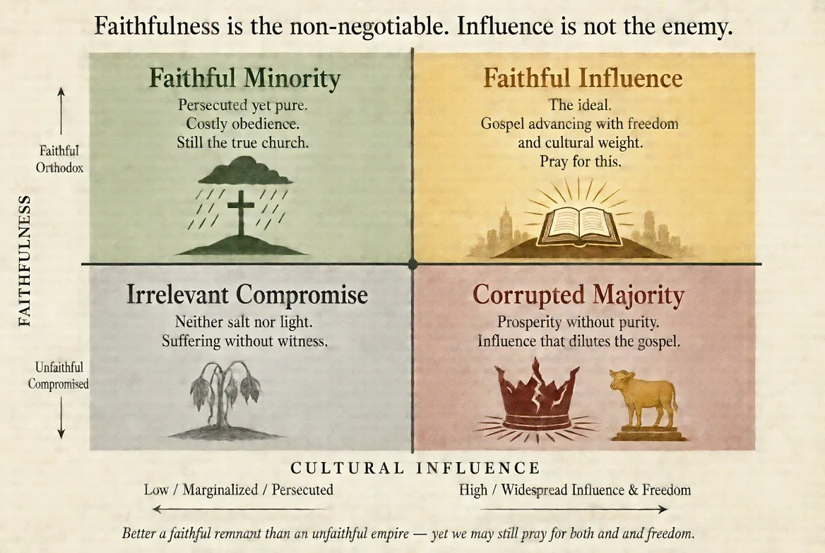 A two-by-two matrix titled “Faithfulness is the non-negotiable. Influence is not the enemy.” The vertical axis is Faithfulness, from Unfaithful / Compromised at the bottom to Faithful / Orthodox at the top. The horizontal axis is Cultural Influence, from Low / Marginalized / Persecuted on the left to High / Widespread Influence & Freedom on the right. Top left, Faithful Minority: Persecuted yet pure. Costly obedience. Still the true church. (A cross on a hill under a rain cloud.) Top right, Faithful Influence: The ideal. Gospel advancing with freedom and cultural weight. Pray for this. (An open Bible radiating light before a city skyline.) Bottom left, Irrelevant Compromise: Neither salt nor light. Suffering without witness. (A wilted plant.) Bottom right, Corrupted Majority: Prosperity without purity. Influence that dilutes the gospel. (A broken crown and a golden calf.) Caption: Better a faithful remnant than an unfaithful empire — yet we may still pray for both and and freedom.